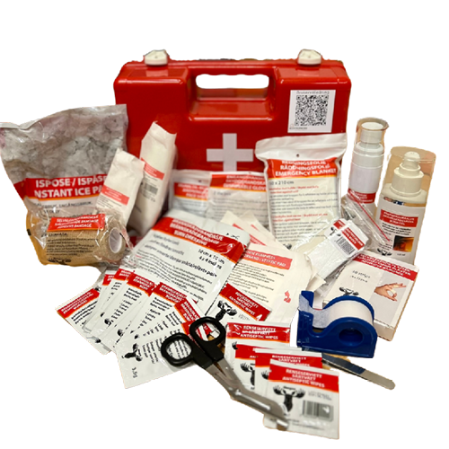 Blostrupmoen medium førstehjelpskoffert med innholdet utstilt forran kofferten