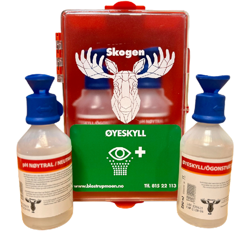 Blostrupmoen øyeskyllkabinett med to flasker stilt ut foran kabinettet.